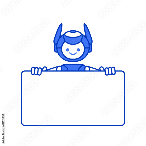 Robot holding blank poster banner or showing information