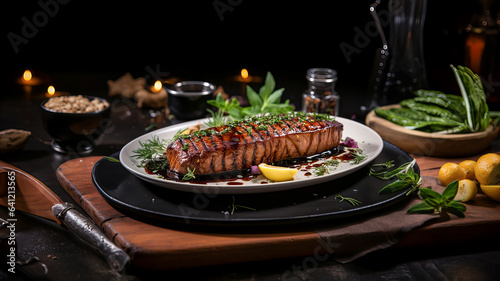 Baked tuna fillet, with spices, herbs and sauce. Dark background. Generative AI technology.