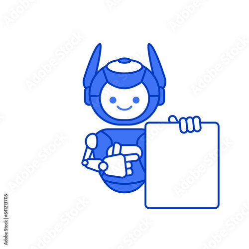 Robot holding blank poster banner or showing information