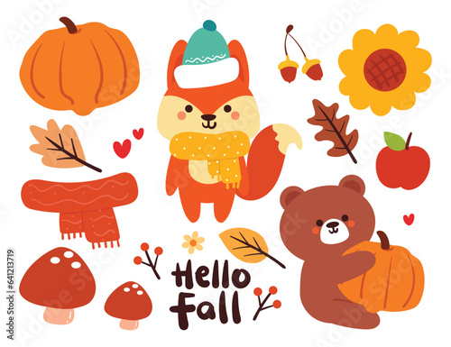 cartoon set of fall autumn vibes sticker set. hand drawing lettering, cute animal sticker, decor element. cute colorful illustration sticker