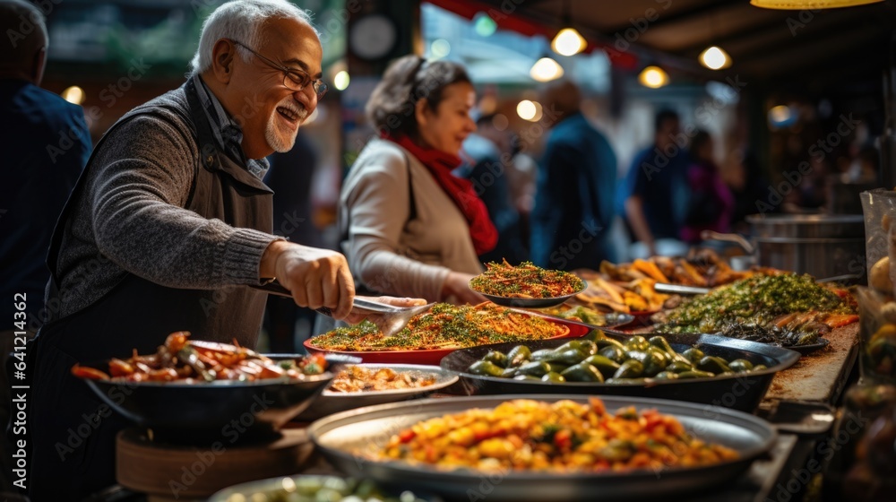 An energetic shot of diverse street food stalls, showcasing a variety of global flavors.
