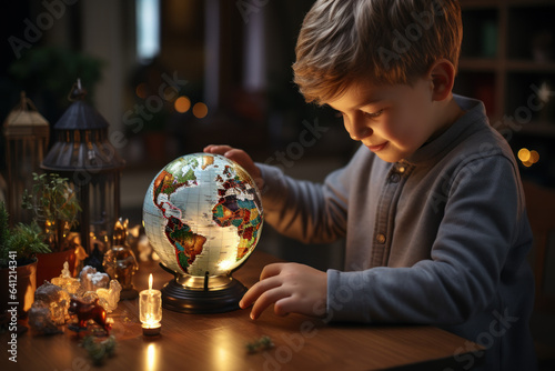 A parent helps their child with a geography lesson using a globe, showcasing the interactive and immersive learning experiences of homeschooling. Generative AI.