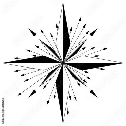 Windrose oder Kompass Rose Vektor mit acht Richtungen und abstrakter Pfeil Anordnung.
Symbol für die Marine-, Schifffahrts- oder Trekking-Navigation oder zur Nutzung in einer Landkarte.