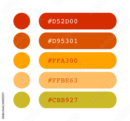 Red and yellow color palette, vibrant colors catalog, color matching, RGB, CMYK colors, harmonious colors palette sample, design and edit idea, with hex code