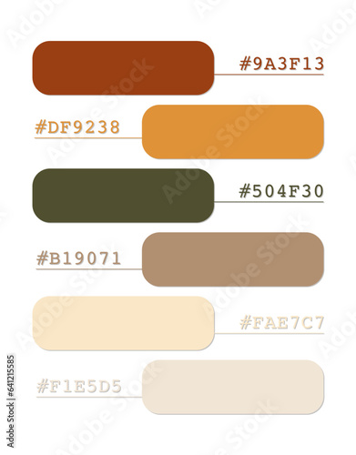 Red and earthy tones color palette, boho colors catalog, color matching, RGB, CMYK colors, harmonious colors palette sample, design and edit idea, with hex code
