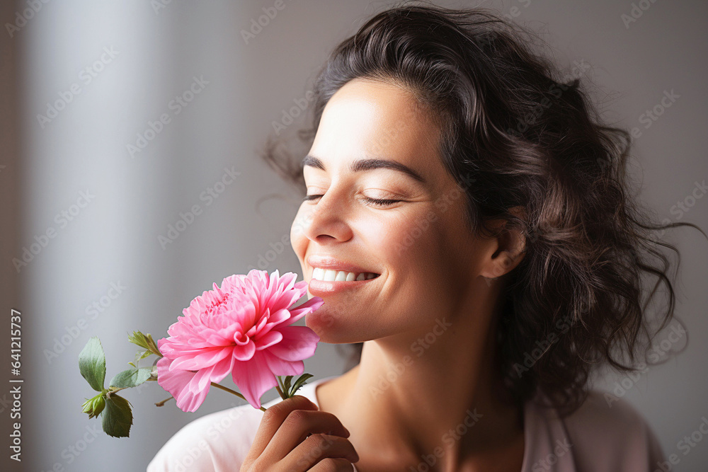 Young beautiful girl with pink flower. 