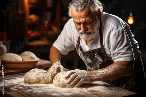 A baker kneads dough for fresh bread, enjoying the tactile process as they craft their culinary creations. Generative AI.