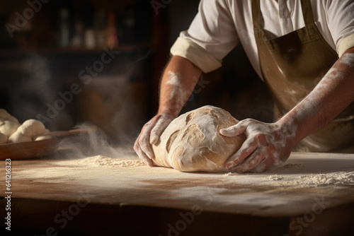A baker kneads dough for fresh bread, enjoying the tactile process as they craft their culinary creations. Generative AI.