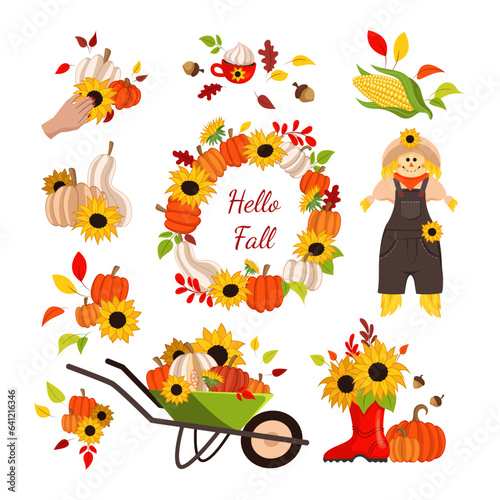 Festive autumn decoration items vector illustrations set. Colorful wreath from flowers and pumpkins, cute scarecrow, cornstalks, wheelbarrow with vegetables. Autumn, harvest concept