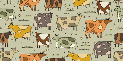 Stylish Ethnic Cows family on meadow. Seamless pattern background. Vector Illustration