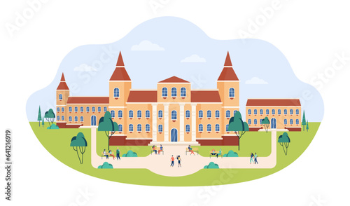 University campus buildings vector illustration. Students walking around administrative building, lecture halls, library or dorms. Education, architecture, back to school concept