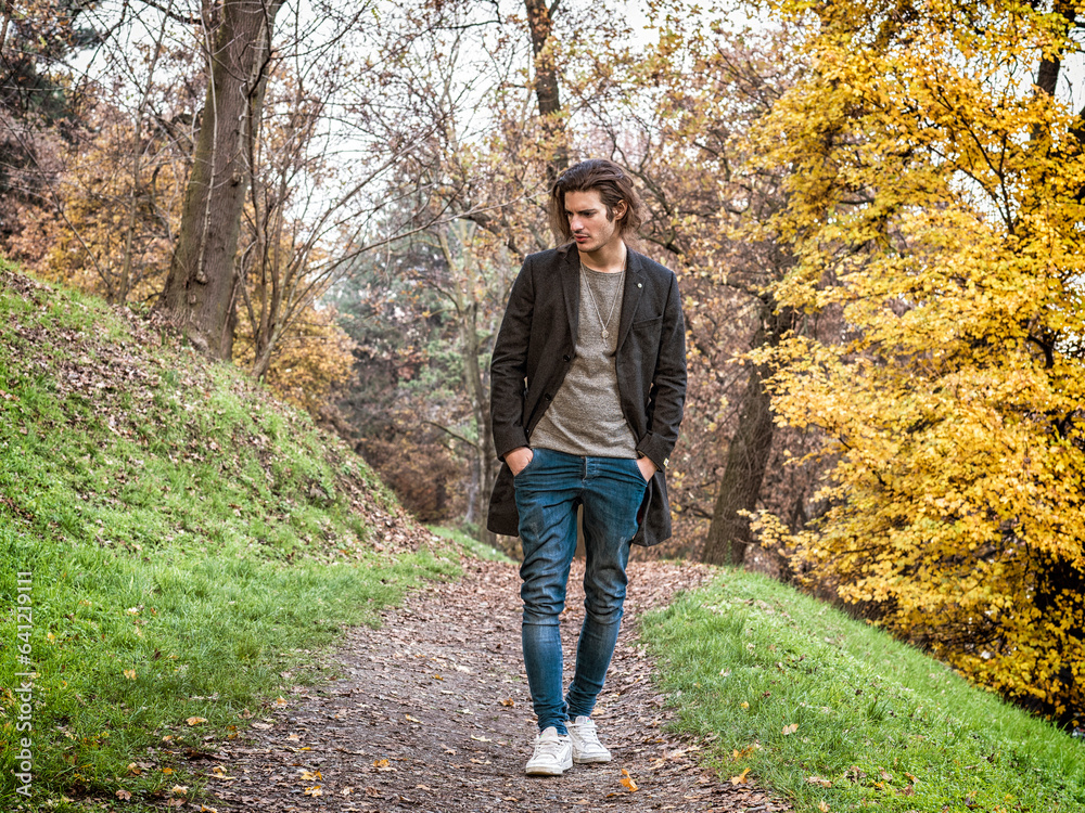 Fototapeta premium Photo of a man walking through a serene forest path