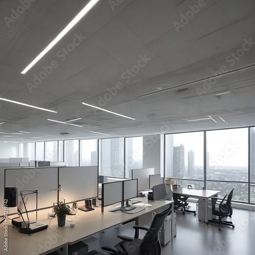 Elegant Lighting Highlights the Aesthetics of a Modern Office Interior  Softly Focused Background Showcasing Sunlit Panoramic Windows