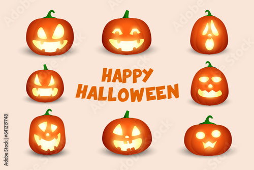 Colorful jack-o-lanterns extravaganza vector illustration. Spooky carved pumpkins with different faces and shapes, happy Halloween design for greeting card. Halloween, holiday, autumn concept