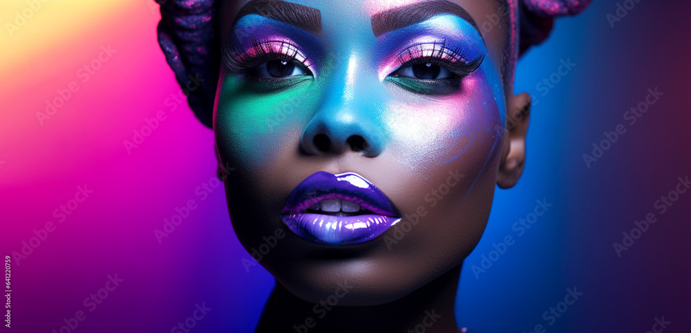 African American model with unique colorful makeup inspired by the cosmic palette, focusing on the eyes. Background of deep blue. Banner