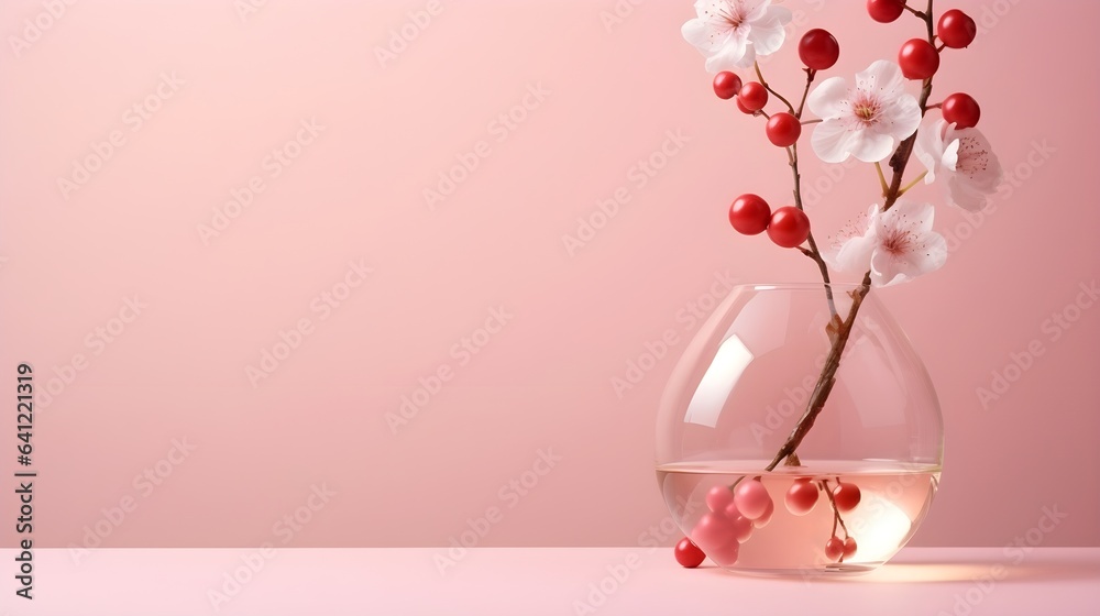 Cherries and cherry flowers with a glass. Minimal background. Cherries and cherry flowers with a glass. Minimal background.