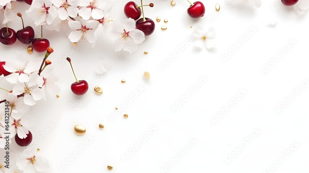 Cherries and cherry blossom flowers with golden confetti. Festive background.