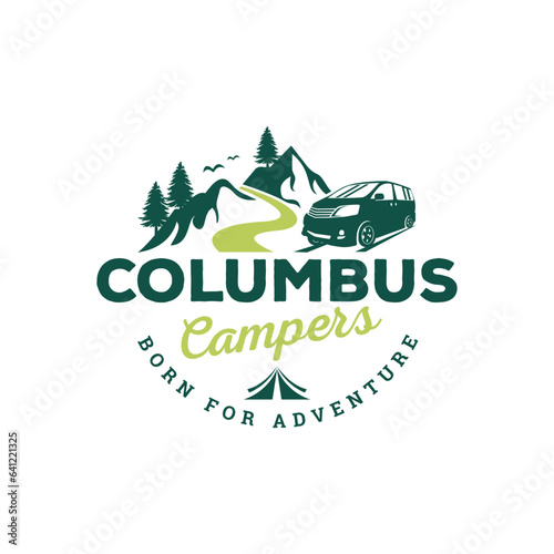 Camping logo template with car, mountains and forest. Vector illustration