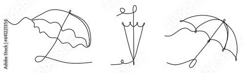 One line drawing, Spring or Autumn umbrella. Vector illustration isolated on white. Continuous line art, Protection Accessory. Design element for Poster, Card, Banner. 
