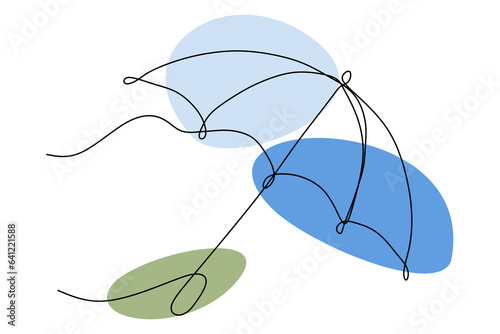 Outline open Umbrella with blothes. Vector Continuous line Elegant and Cute Rain illustration. Line art style drawing. Silhouette of season Protect element. Minimalism weather Accessory with blob