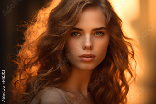 A captivating portrait of a woman with striking features, illuminated by the soft, natural light of golden hour.