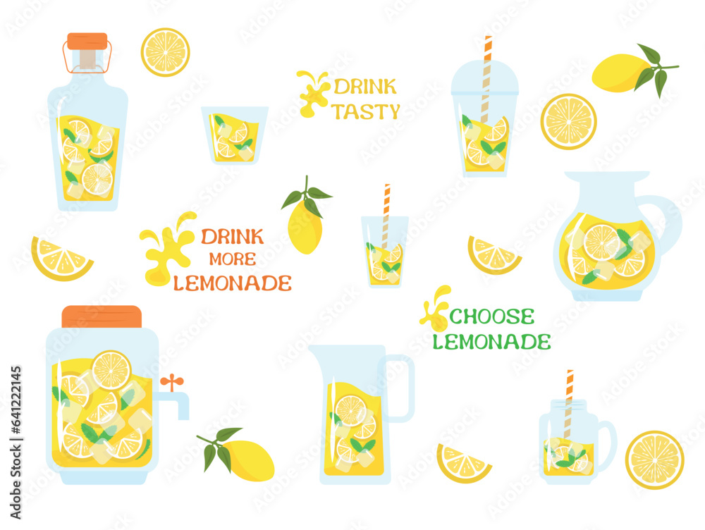 lemonade in bottles, decanters, glasses. Set with lemonade in different containers, different shapes, lemons, mint, lemon slices. lemonade in bottles, decanters, glasses. Set with lemonade in different containers, different shapes, lemons, mint, lemon slices.