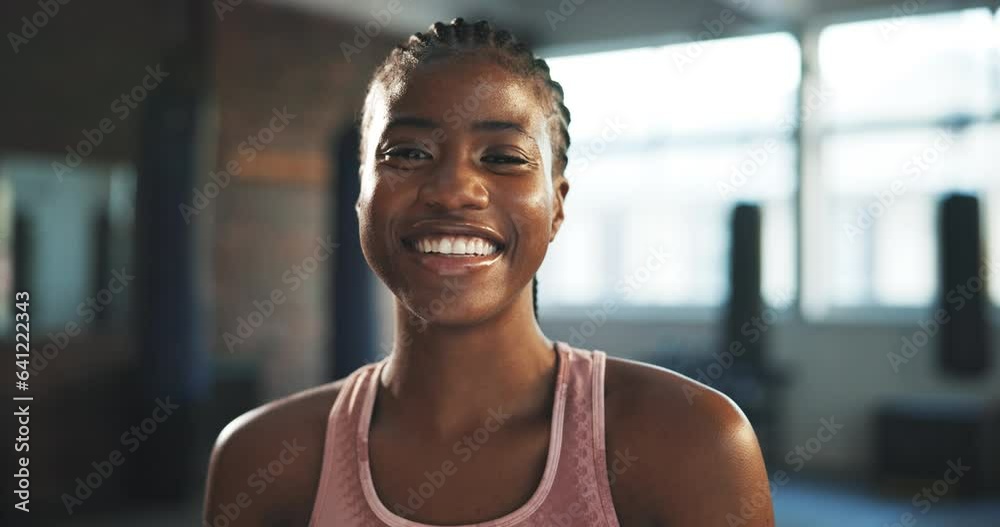 Gym face, black woman and happy for exercise, training and female ...