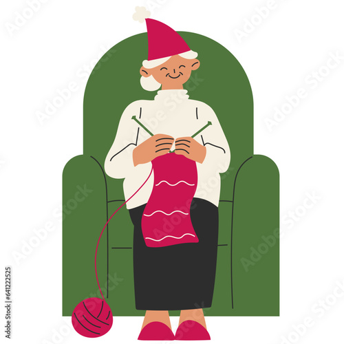Grandmother knitting flat illustration