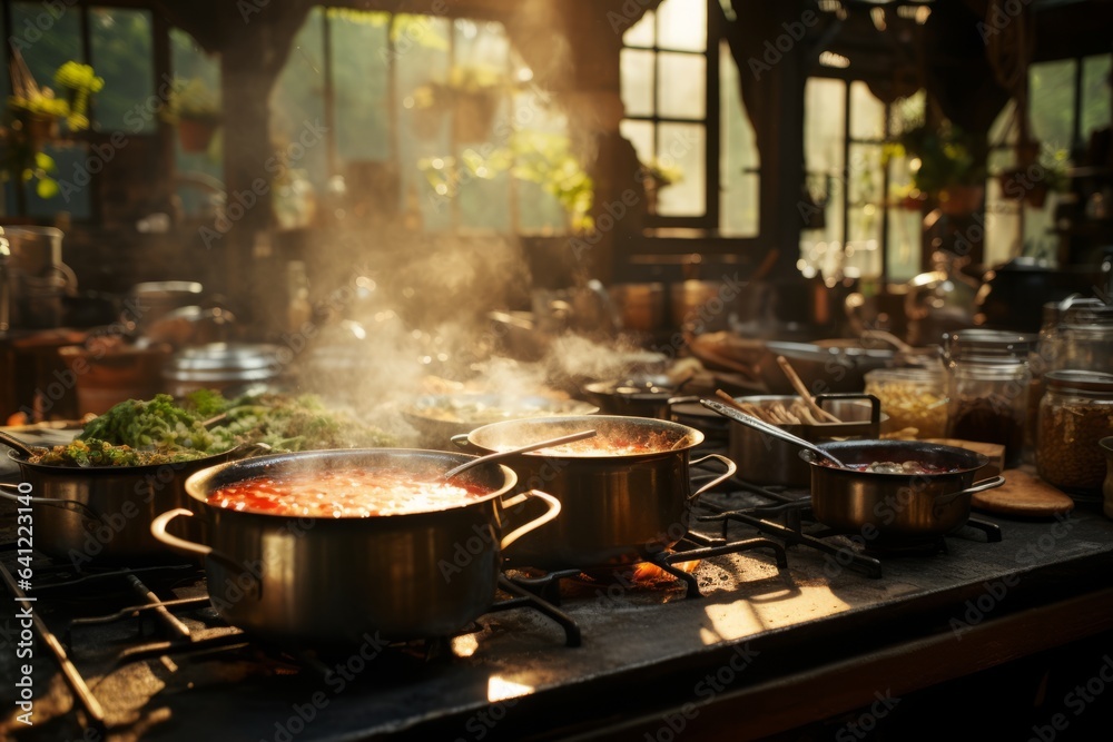 Cooking Class Set In A Rustic Kitchen, Generative AI