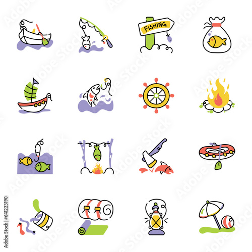 Collection of Fishing Equipment Doodle Icons 