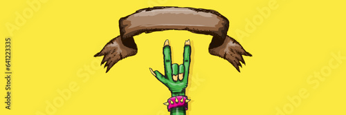 vector green cartoon Zombie rock n roll hand isolated on horizontal yellow background with space for text . vector Zombie party halloween background or horizontal heavy metal poster design template