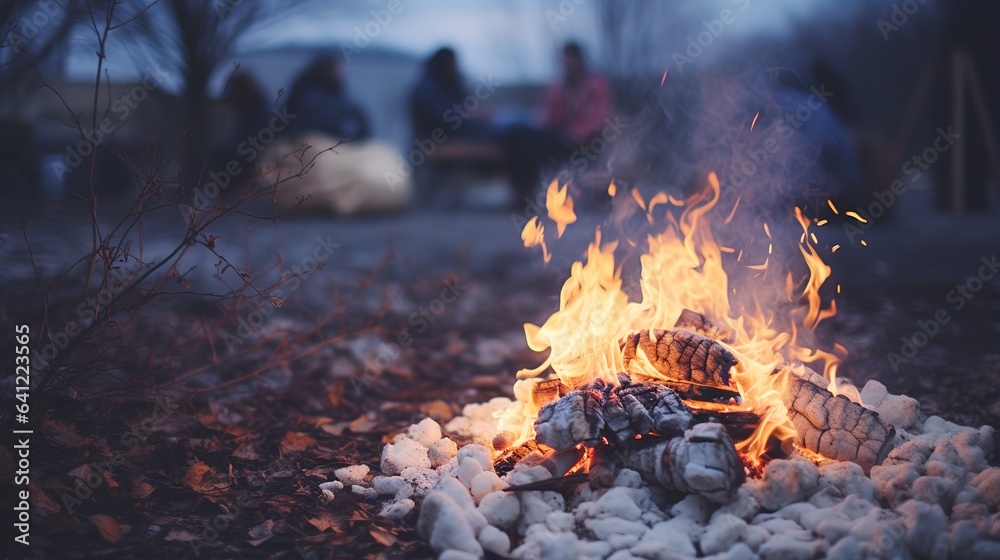 Generative AI, Burning bonfire in the evening, camping outdoor concept in neutral muted colors, tourist camp Generative AI, Burning bonfire in the evening, camping outdoor concept in neutral muted colors, tourist camp