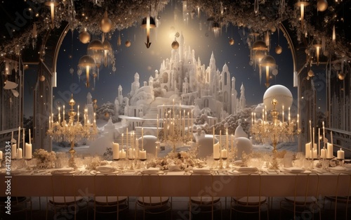 festlicher Tisch zu Weihnachten mit Kerzen , Lichtern in warm weißem Ton