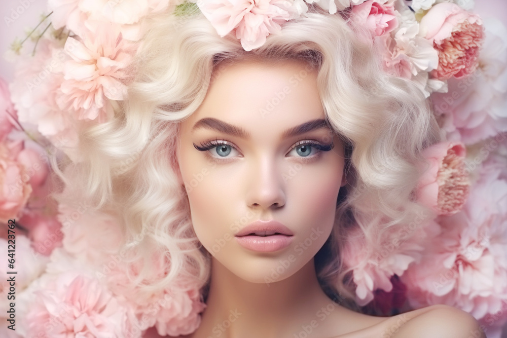 Abstract woman portrait with flowers on pink background. Makeup in soft pastel shades accentuates tenderness and romance. Close-up. Banner.