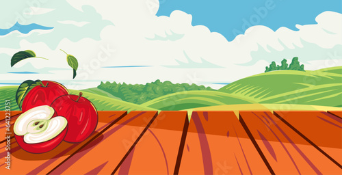apple fruit dish vector with apple orchards and hills covered in summer sunny clouds in the background