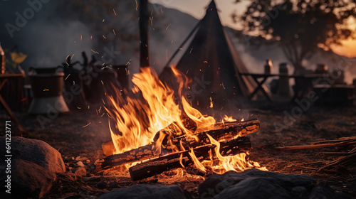 Generative AI  Burning bonfire in the evening  camping outdoor concept in neutral muted colors  tourist camp