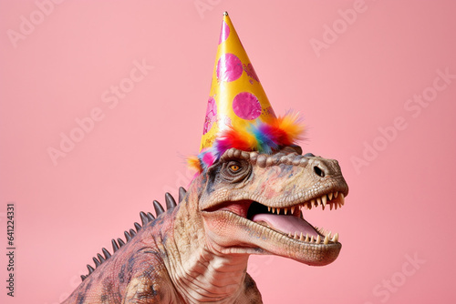 Dinosaur with party hat on pastel pink background © Firn