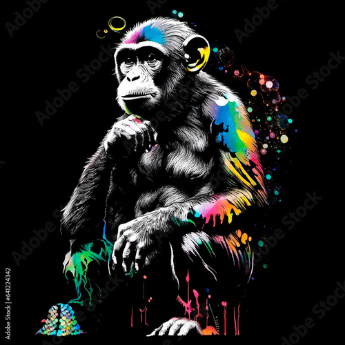 Thinker Monkey , psychedelic style, graffity. Generative AI. 