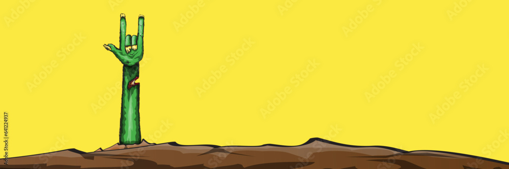 vector green cartoon Zombie rock n roll hand isolated on horizontal yellow background with space for text . vector Zombie party halloween background or horizontal heavy metal poster design template vector green cartoon Zombie rock n roll hand isolated on horizontal yellow background with space for text . vector Zombie party halloween background or horizontal heavy metal poster design template