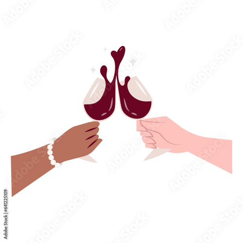 Hands clinking wine glasses flat illustration