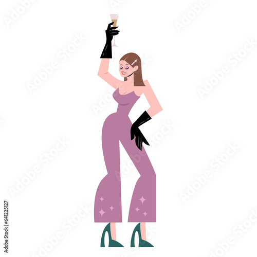 Woman holding champagne glass flat illustration