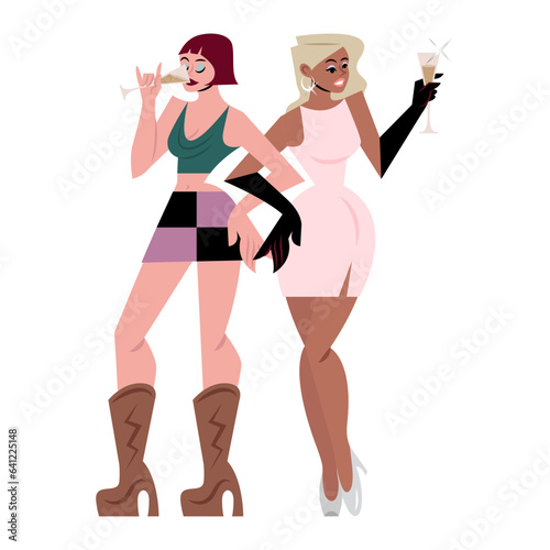 Women drinking champagne flat illustration