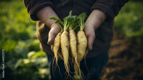 close-up partial view of farmer holding organic parsnip . Generative AI. © s1llu