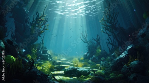 tranquil underwater scene with sunbeams through seaweed