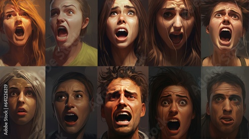 array of human faces displaying intense fear and surprise