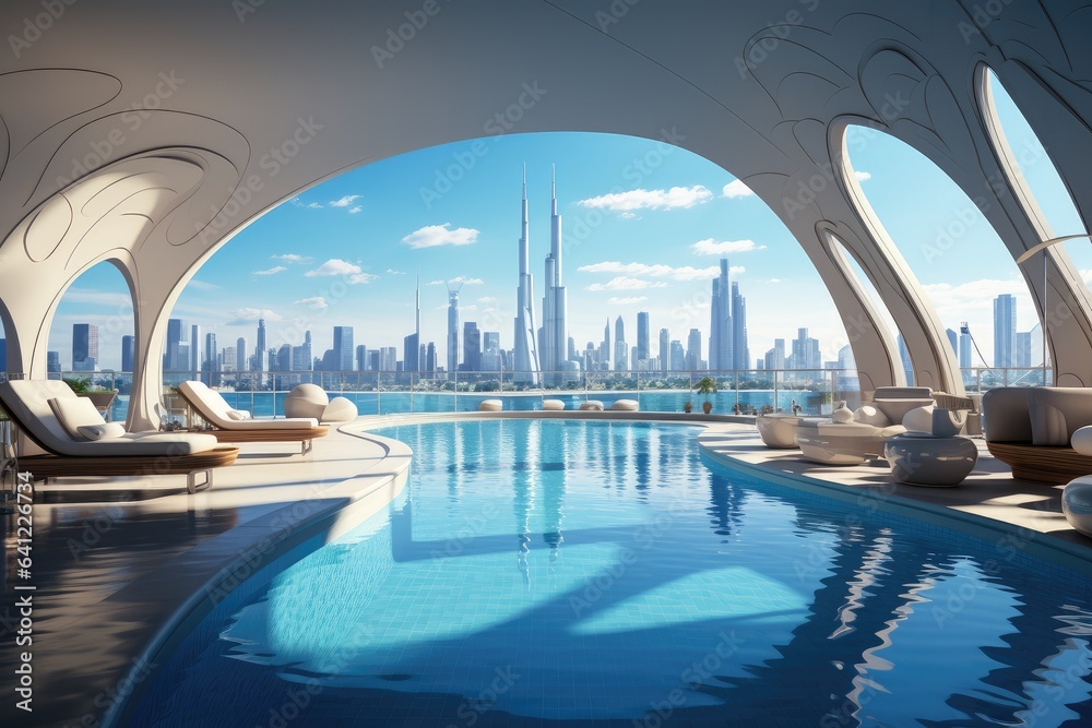 Fototapeta premium Luxury indoor swimming pool with big panoramic windows overlooking the metropolis, part of luxury hotel.