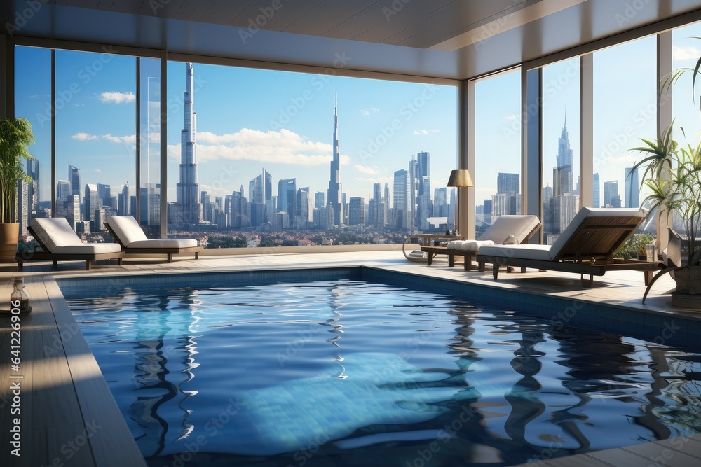 Luxury indoor swimming pool with big panoramic windows overlooking the metropolis, part of luxury hotel.