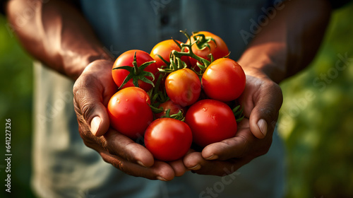 close-up partial view of farmer holding organic tomatoes. Generative AI.