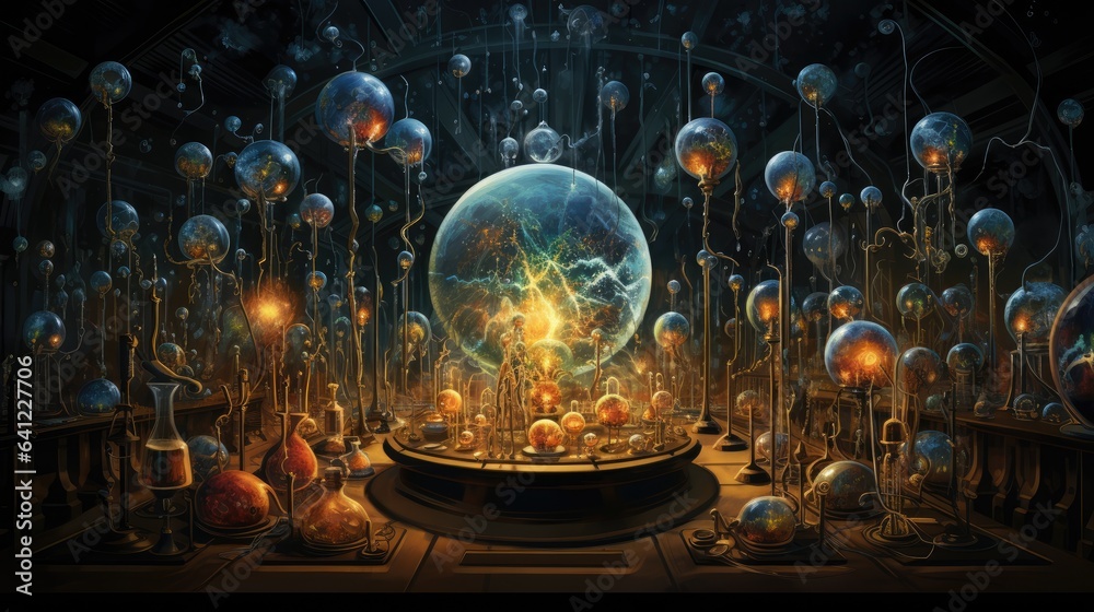 cosmic alchemist's laboratory with vibrant planetary potions