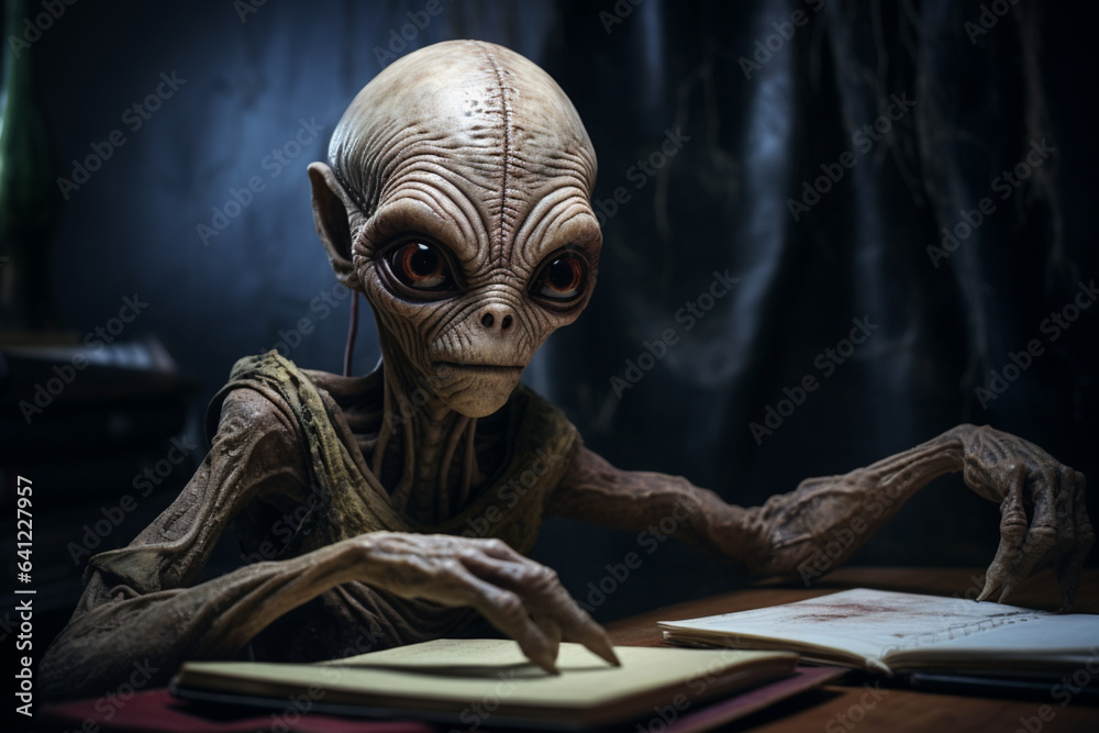 A portrait of an ugly scary alien monster looking into a mirror confused. Exhaustion, depression, hard mornings. Generative AI illustration
A portrait of an ugly scary alien monster looking into a mirror confused. Exhaustion, depression, hard mornings. Generative AI illustration